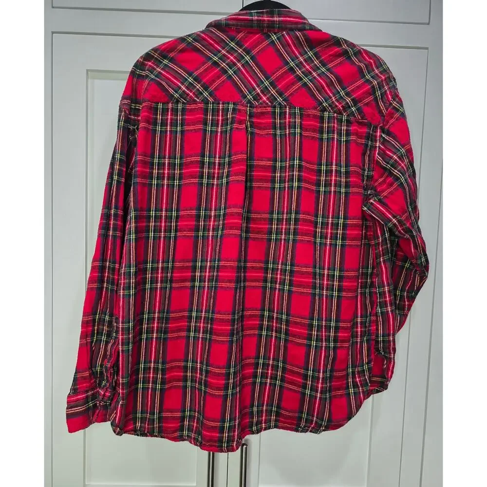 Time and Tru Red Plaid Flannel Shirt XL Cotton Button Front Tartan Fall